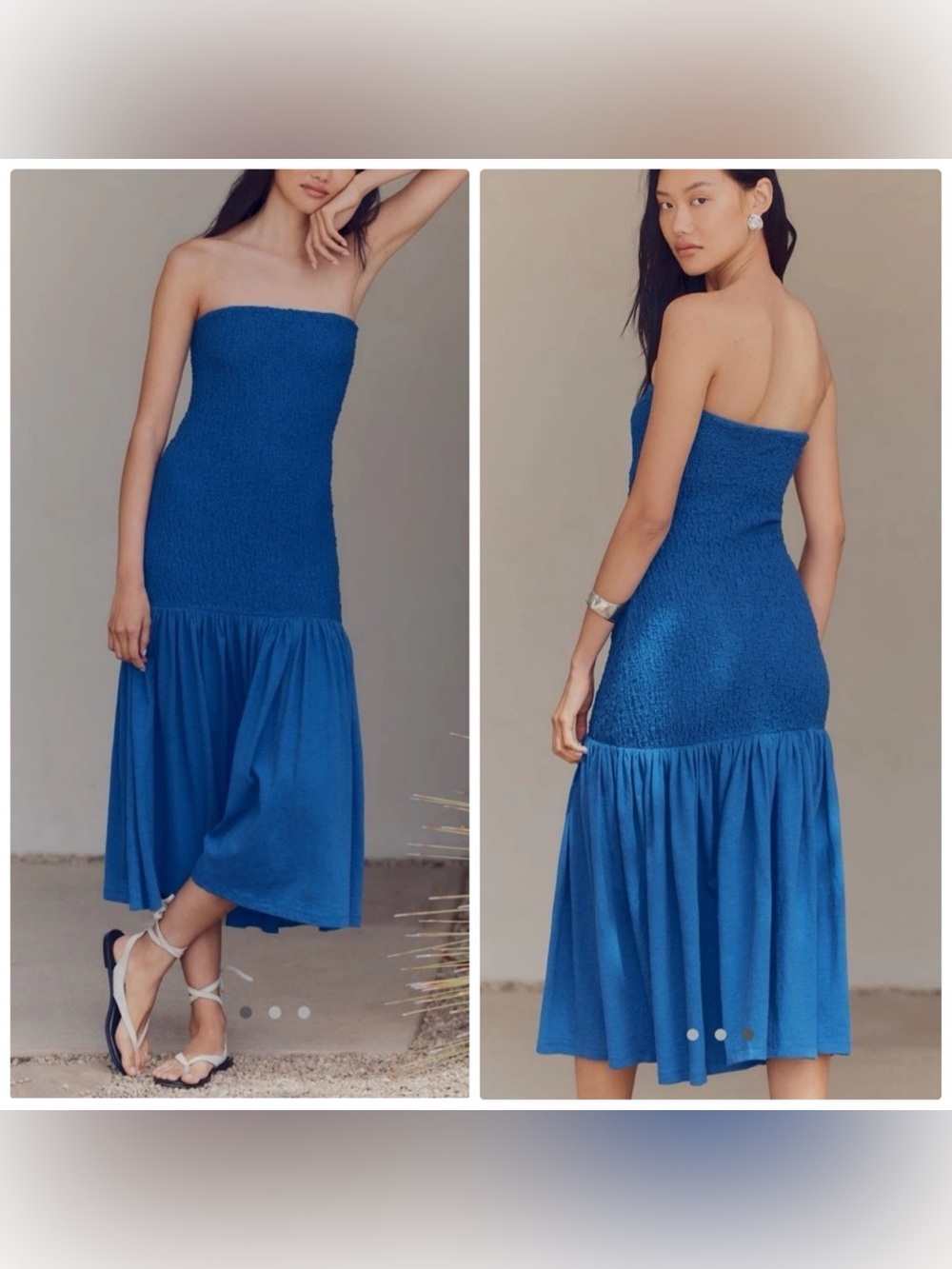 Celandine strapless smocked popcorn midi dress in blue 1X nwt